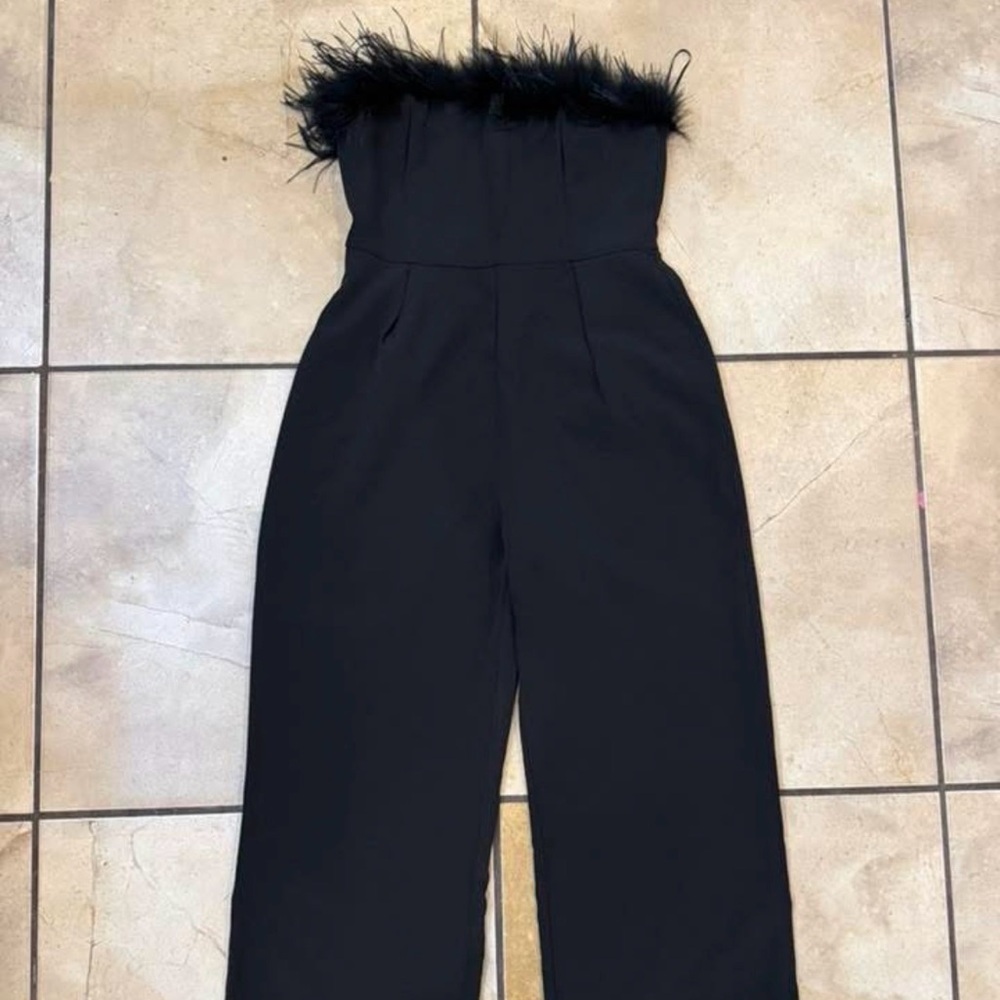 Chic Black Feather-Trim Jumpsuit